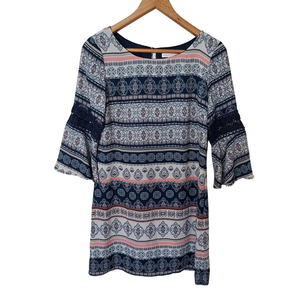 Navy Blue Paisley Medallion Bell Sleeve Shift Dress Boho 4P Petite Retro Career